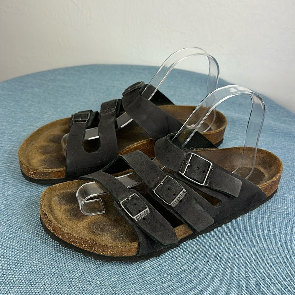 Birkenstock Florida Distressed Suede Leather Strap Sandals In Black Size 10/10.5